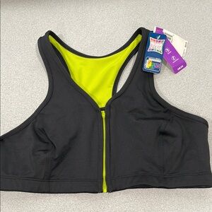 Women's Black and Neon Sports Bra Top. 2X.  Zips up front.  New With Tags